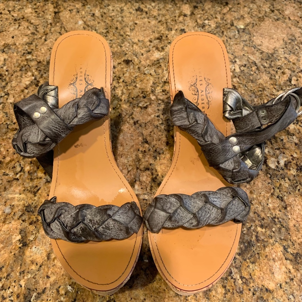 Cork Wedge with Grey Leather Braid. Size 8.5.